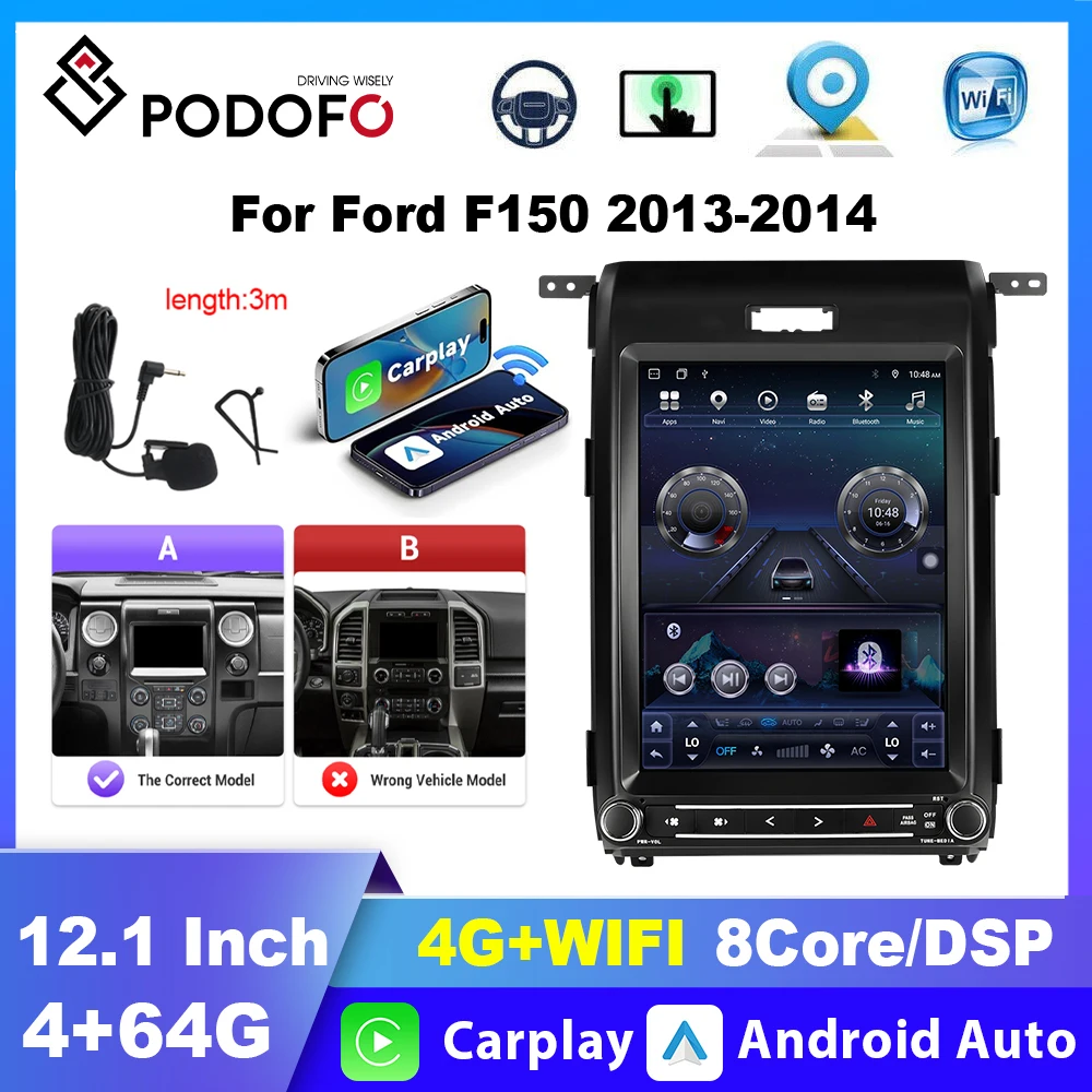 Podofo 8Core 4+64G Android Car Radio Stereo For Ford F150 2013-2014 Carplay GPS Navigation Bluetooth DSP Car Multimedia Player