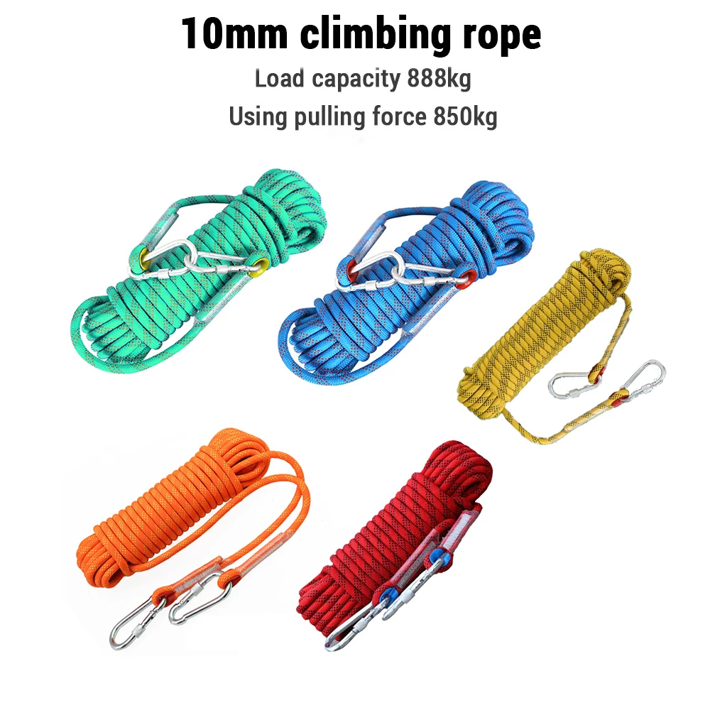 10mm Climbing Rope 10M/20M/30M Double Hook Durable Outdoor Rock High Strength Static Survival Emergency Fire Rescue Safety Rope