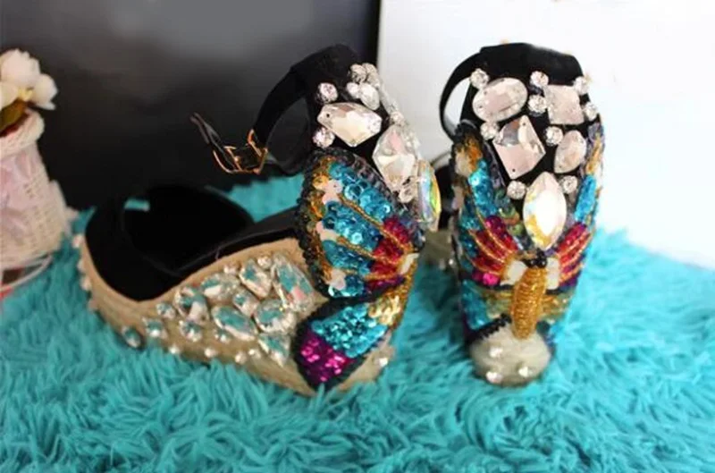 Bling Bling Rhinestone Sequin Butterfly Weave Braid Wedge Sandals Open Toe Ankle Strap Black Suede 10CM Platform Summer Shoes