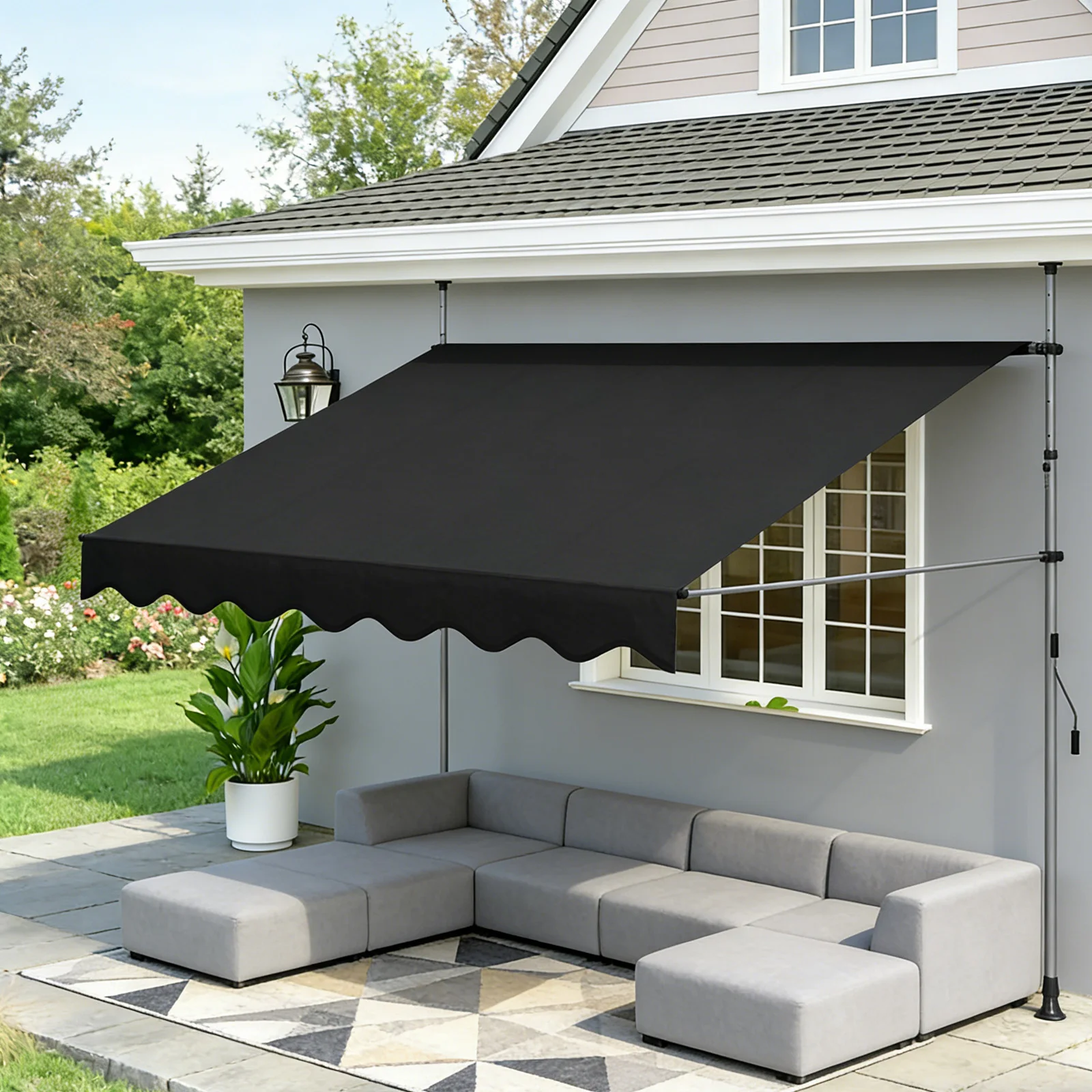 Toldo manual, 200 cm, con manivela, diseño telescópico, altura y inclinación ajustables, sin necesidad de perforación, apto para balcones y patios.