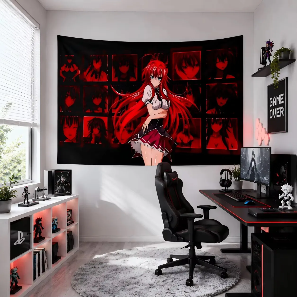 High School DxD Rias Anime Tapestry, Red Aesthetic Collage Wall Hanging Cool Girl Decor for Bedroom Dorm Room Decoration Items