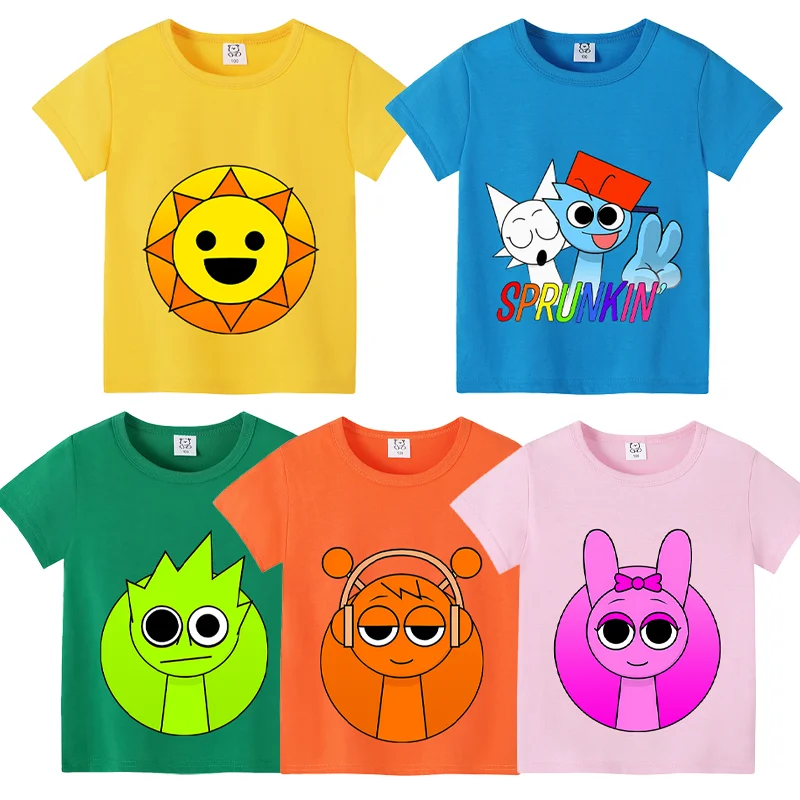 Kawaii Sprunki Boy Anime Cute T-shirt Girl Cartoon Figure  Base Tops Summer Children Fashion Cotton Clothing Kids Birthday Gift