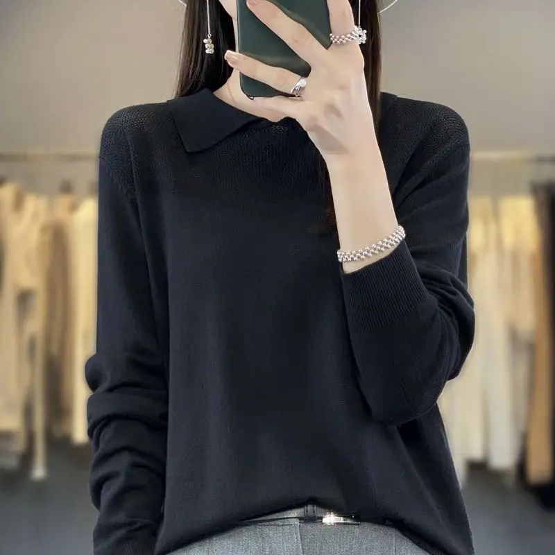 Autumn and Winter Women's Pullover Polo Solid Color Hollow Lantern Long Sleeve Sweater Knitted Bottom Casual Elegant Tops