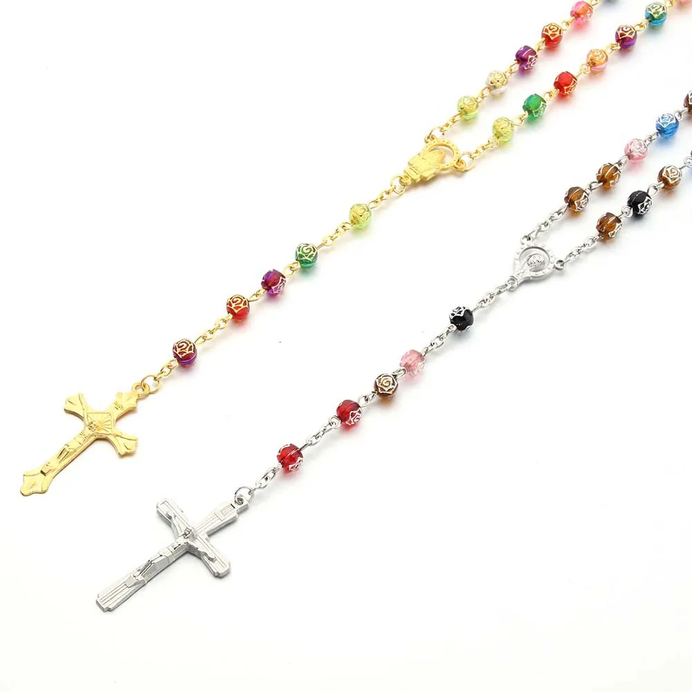 6MM Acrylic Rosary Necklaces For Women Men Rose Beads Long Chain Crucifix Cross Pendant Religious Prayer Jewelry