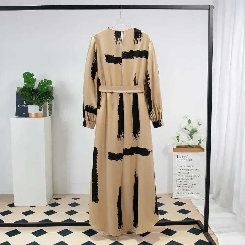 Women Casual Dresses With Belt Fashion Full Sleeve A-line Loose O-neck Printed Long Dress Muslim Prayer Ramadan Maxi Dresses