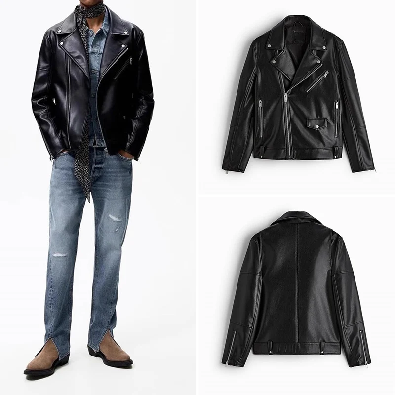 

Мужская кожаная куртка Z в городском стиле, приталенная, с отложным воротником, универсальная, весенняя новинка 3427402