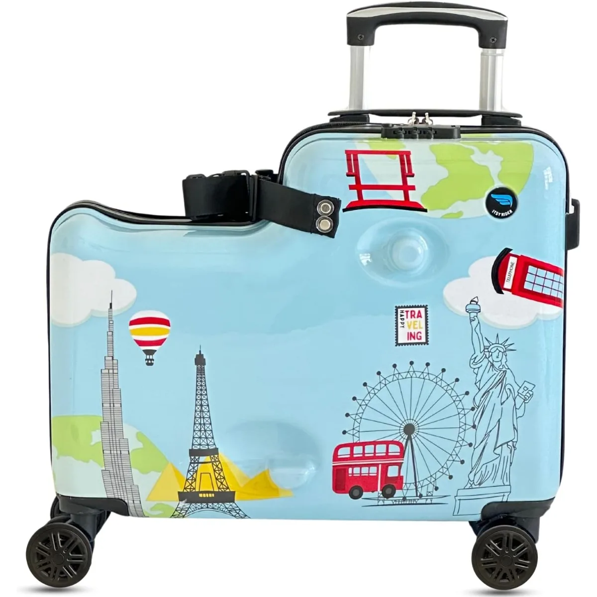 2024 Itsy Rider 20" Ride-on Suitcase for Kids with Double Spinner Wheels (Cool Blue - World Landmarks)