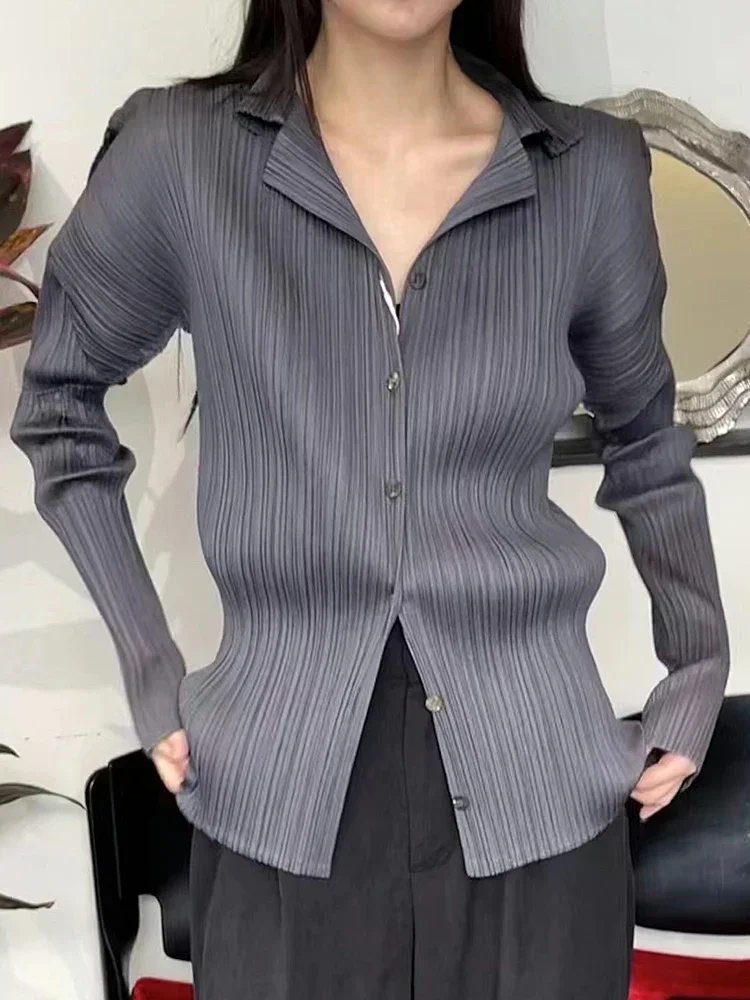 ISCH Women's Shirt Miyake Pleated Lapel Long Sleeve Shirt Casual Versatile Loose Plus Size Shirt Pleated Cardigan Tops 2024 New