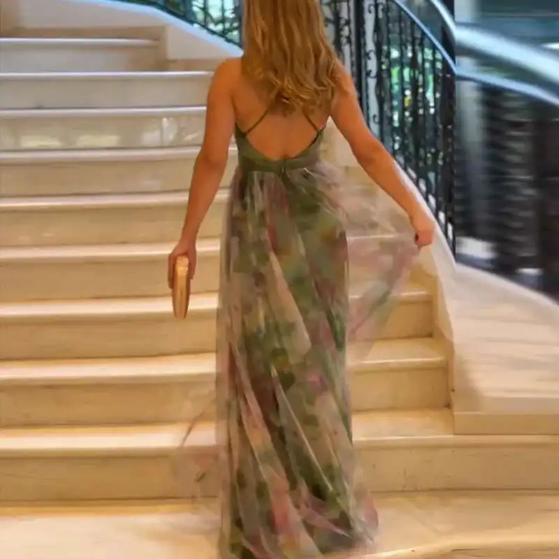 Summer Sexy V Neck High Waist Pleated Long Elegant Off Shoulder Swing Beach Dresses New Mesh Printed Women's Evening Dress