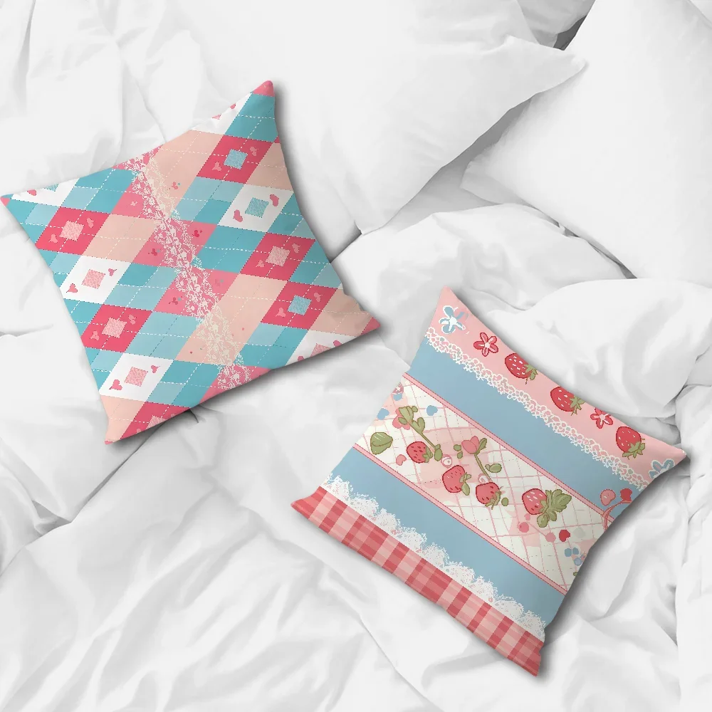 Strawberry Bow Soft Pillow Case for Geometry Sofa Living Room Home Cute Pink Office Decor Protective Cover Without Pillow-Insert