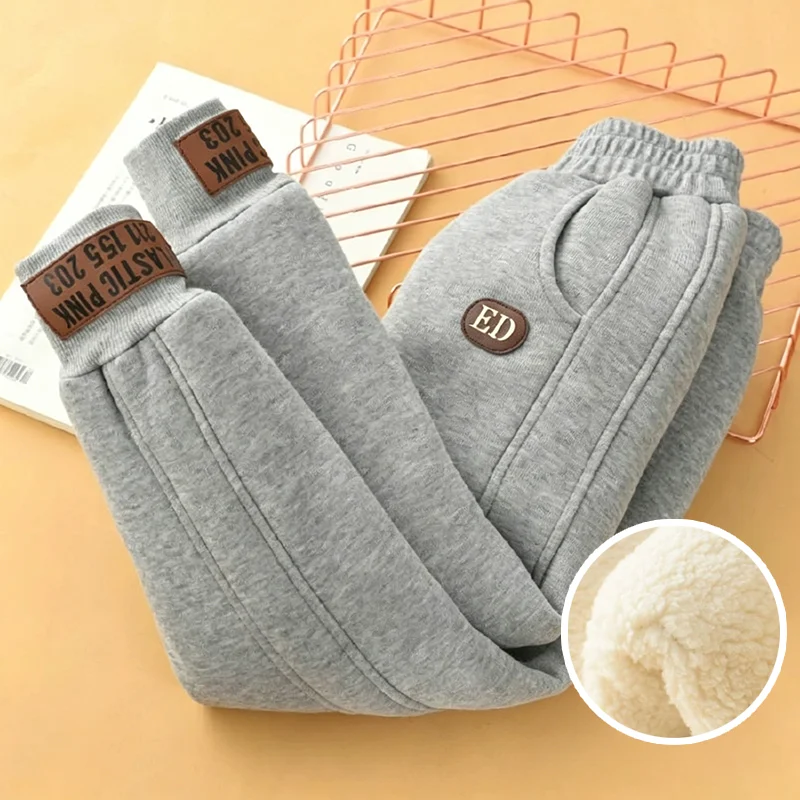 4-14 Years Kids Winter Thickened Jogger Pants Boys Girls Lamb Fleece Warm Sweatpants Fashion Letter Patch Casual Trousers