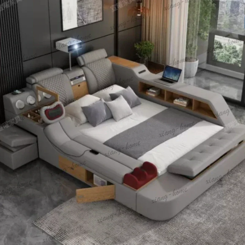 LJY Italian Unique Tatami Storage Princess Bedroom Beds 180x200 Luxury Multifunction Desk Double Bed Bookcase Queen Home Furnitu