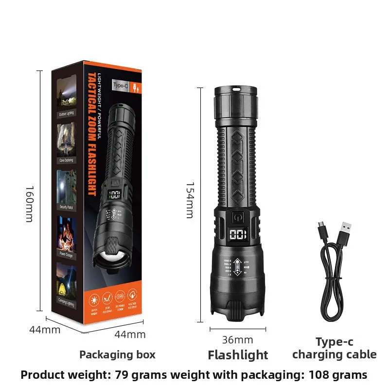 Digital Electric Display Flashlight, Strong Light, Multi-functional Outdoor Searchlight, Charging, Long Battery Life, Zoom