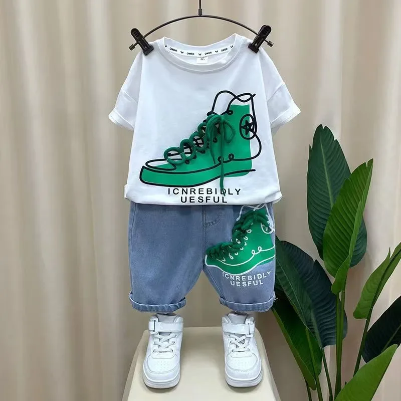 

Children's Suit Summer Clothing Boy Baby Summer New Korean Version Short-Sleeved T-Shirt Denim Shorts Two-Piece Boy Suit 2-9T