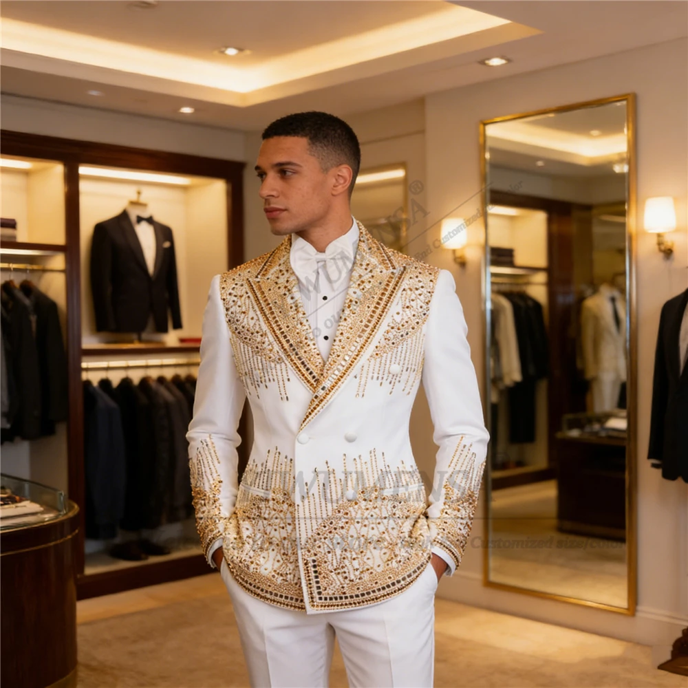 Metaliczna biżuteria Kamienie Garnitury męskie na ślub Dwurzędowa marynarka Spodnie Zestaw 2-częściowy Smokingi dla pana młodego Szyte na miarę Ropa Hombre