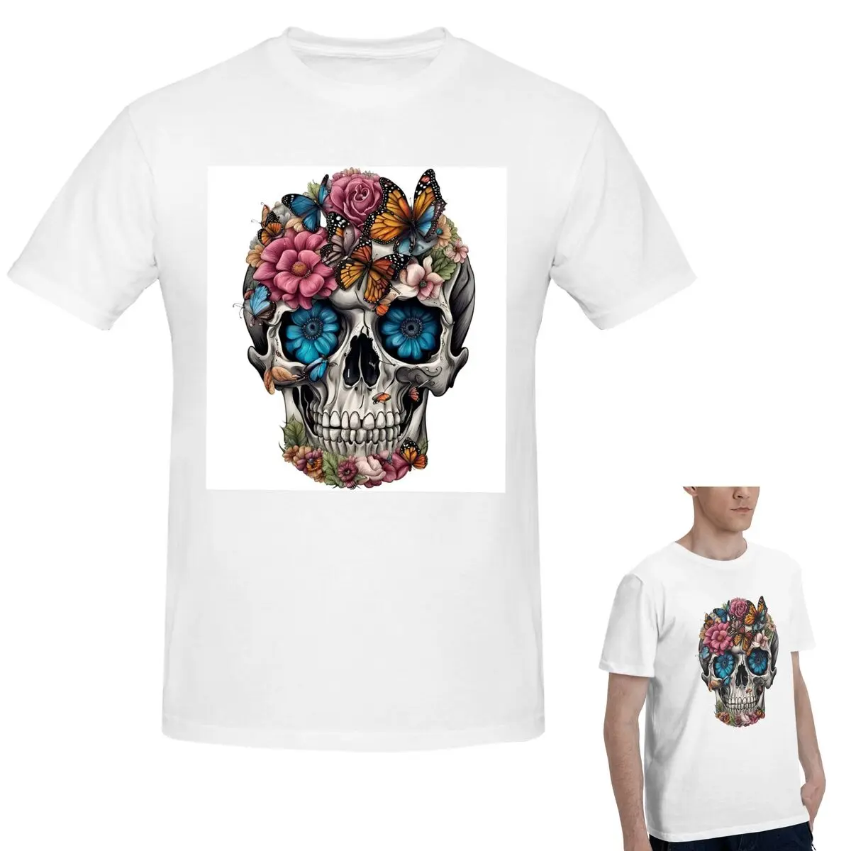 

100% Cotton Floral Sugar Skull T-Shirt Men's Fashion Oversized T Shirt Men O-Neck Summer Shirts Tops S-6XL