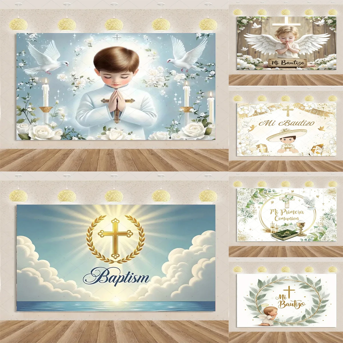 

My First Holy Communion Background Cloth God Bless Baptism Christening Crucifix Chalice Gold Glitter Photography Studio Props