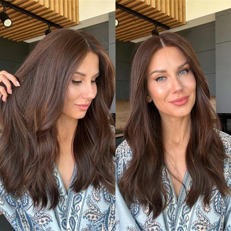 

Party Daily Cosplay Wigs Ombre Warm Medium Brown Highlight Wig Glueless Synthetic Lace Front Wig Natural Preplucked Hairline