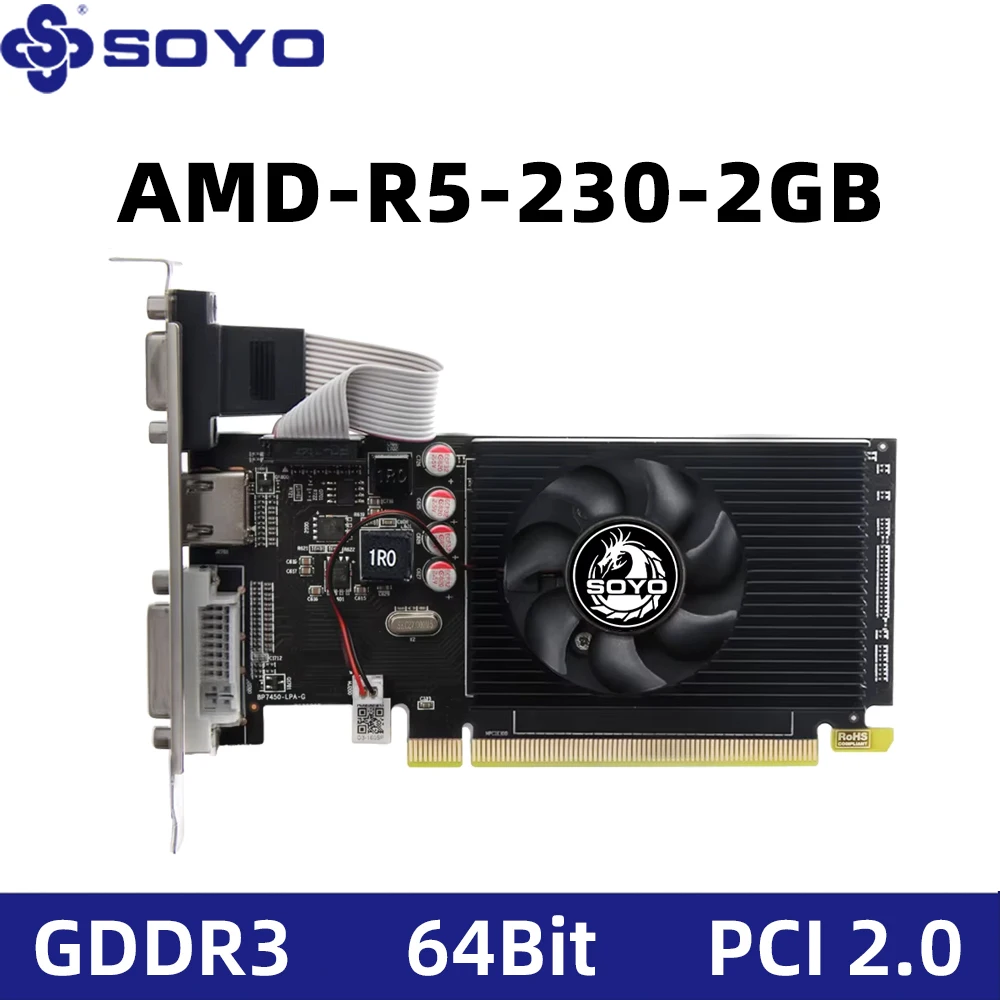 Tarjeta gráfica SOYO AMD Radeon R5 230 2GB DDR3 de 64 bits PCIe2.0x16 HDMI VGA/DVI, tarjeta de vídeo ATI 40NM de perfil bajo para ordenador de escritorio