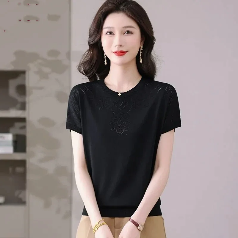 

Женская вязаная блузка с круглым вырезом и короткими рукавами, вышитый узор, ажурный дизайн, черный повседневный летний топ