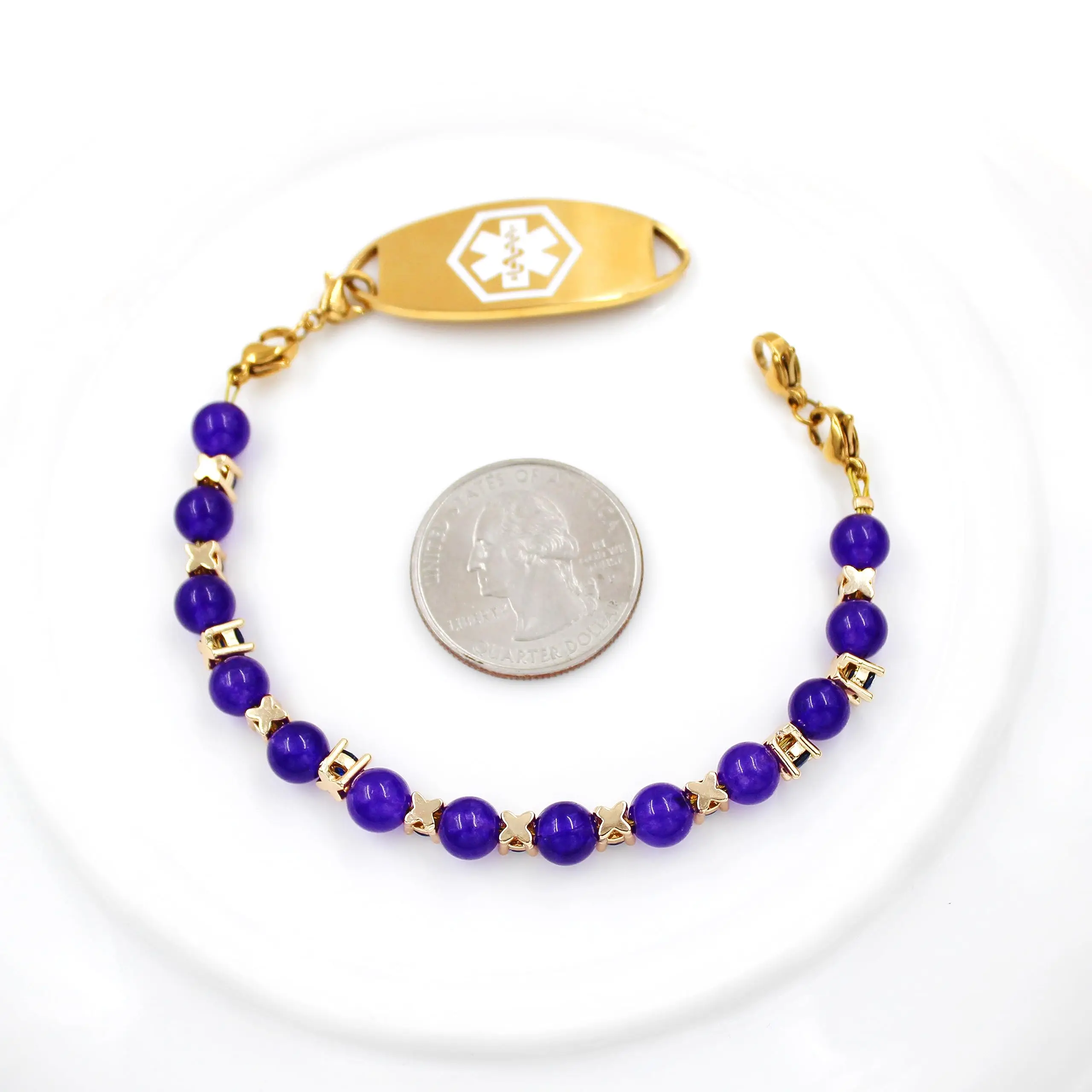 Uloveido Personalisiertes medizinisches Alarm-ID-Armband mit Geburtsstein, lila Achat und Zirkonia-Perlenarmbändern für Damen Y3909