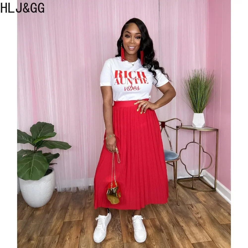 HLJ&GG Casual Letter Print Pleated Skirts Two Piece Sets Women O Neck Short Sleeve Tshirt And Skirts Outfit Female 2pcs Clothing