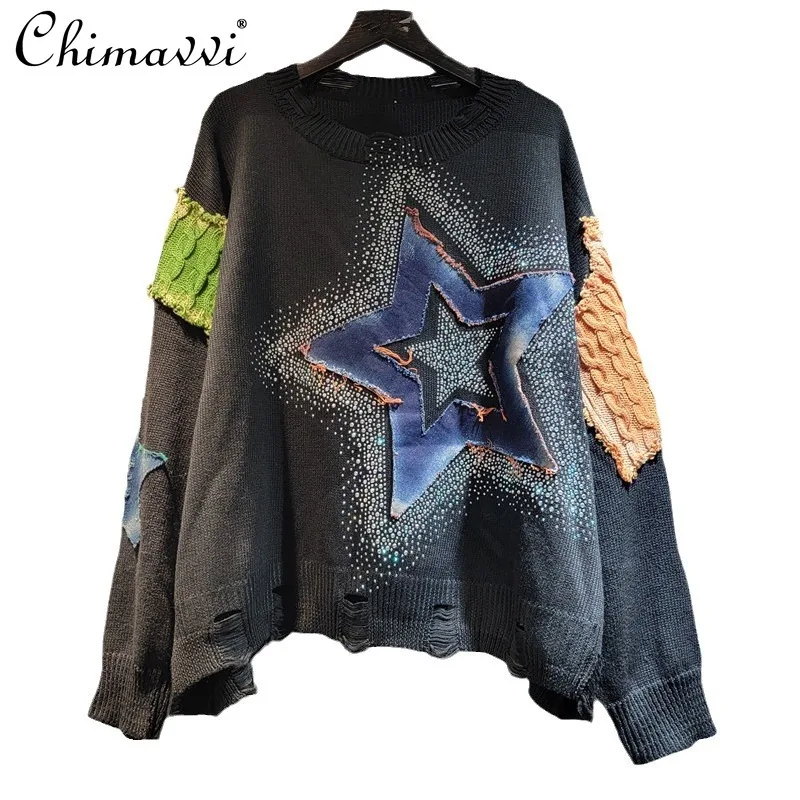 Loose Patch Splicing Contrasting Color Ripped Round Neck Long-sleeved Knitted Tops Autumn Fashion Loose Pullover Sweater Women