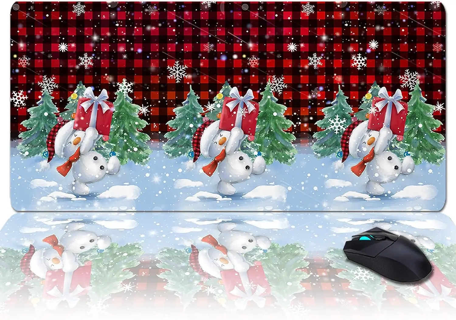 

Gaming Mouse Pad Christmas Snowman Holding a Gift Xmas Tree Plaid Desk Mat Non-Slip Extended XXL Mouse Pad for Laptop 35x15 inch