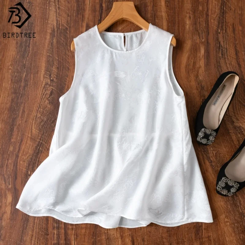 Birdtree, 100% Real Silk Tank Top, Sling Sleeveless O-neck Vest, Women's Full-open Leno White Tops, 2026 Summer New T65302JF