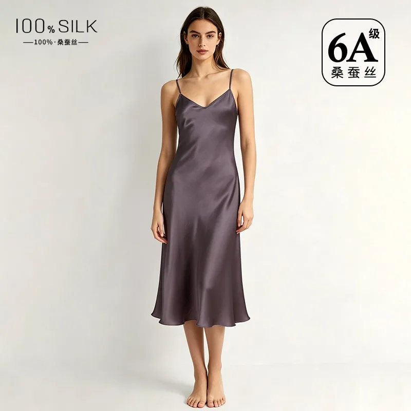 2026 Summer New Silk Nightdress Women's High Sense 100 Mulberry Silk Medium Long Loungewear with Suspender Skirt Luxuary Sexy