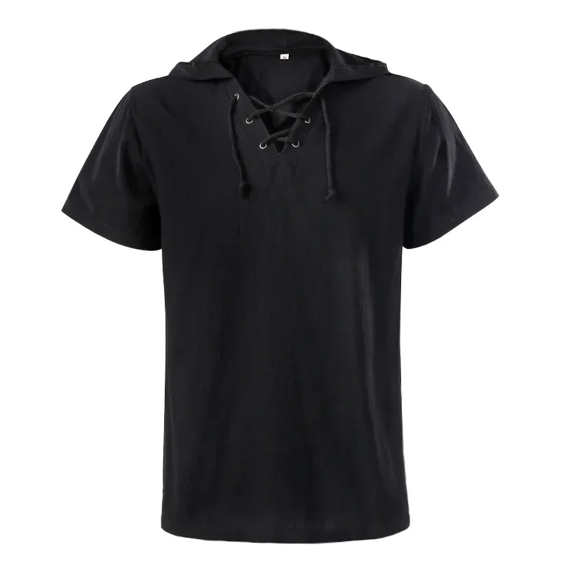 

Medieval Steampunk Victorian Hooded Short Sleeve Shirt New European And American Style Top for Men