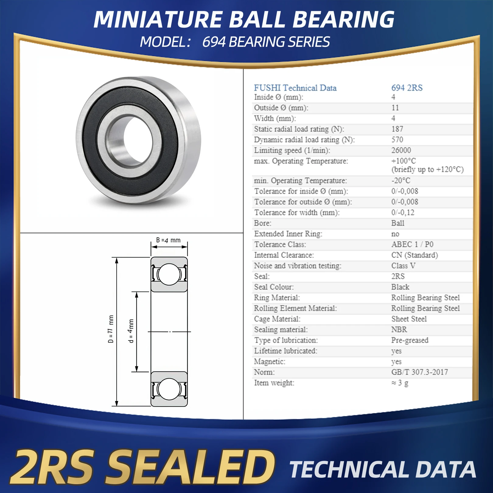 Fushi 694 zz rolamento 4x11x4mm 10 peças 694zz rs 2rs rolamentos de peça de mão de flange para motores industriais fortes de alta velocidade