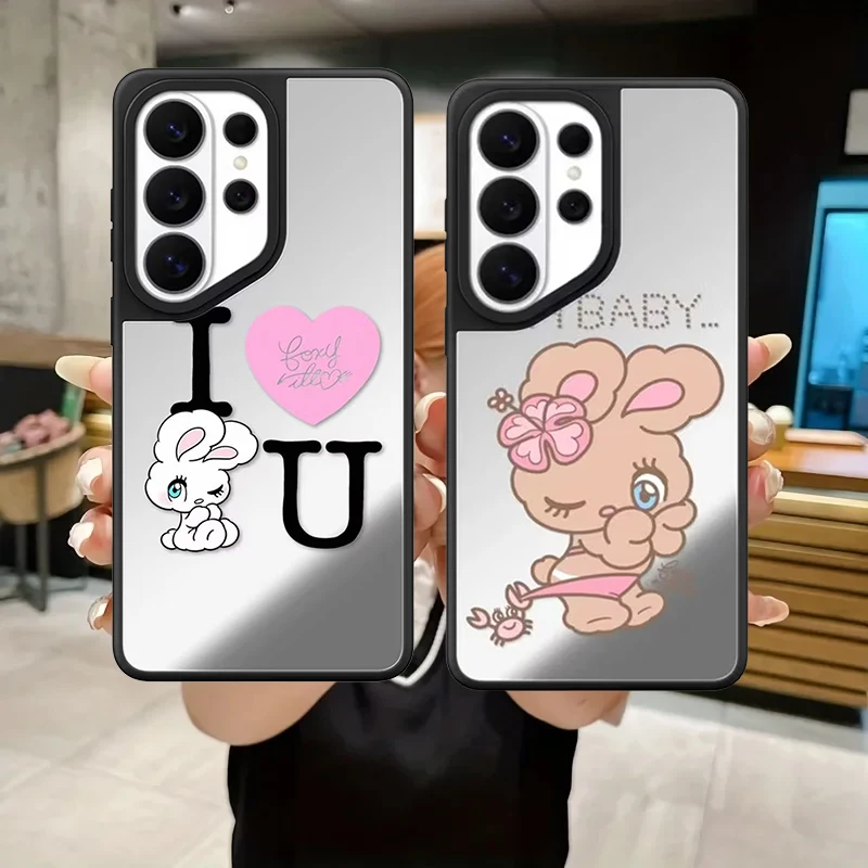 Brown White Rabbits Love Mirror Surface Magnetic Phone Cover for Samsung Galaxy S23 S24 S25 S26 Ultra S26+ Plus Case