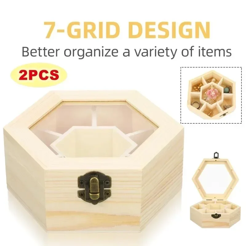 Unfinished Wooden Hexagon Jewelry Box DIY Trinket Storage Blank Keepsake Organizer 7 Compartments for Art Craft Home Decor