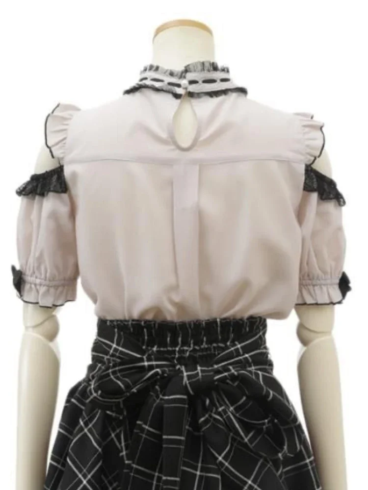 Japanese Lolita Kawaii Blouse Hollow Out Off Shoulder Lace Patchwork Shirts Y2k Aesthetic Bow Women All Match JK Blusas De Mujer