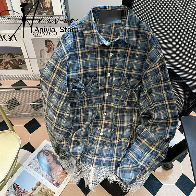 

Женская темно-синяя рубашка с сетчатым воротником и длинным рукавом Y2K Bowtie American High Street 2000S Модная свободная повседневная рубашка в стиле ретро 2025