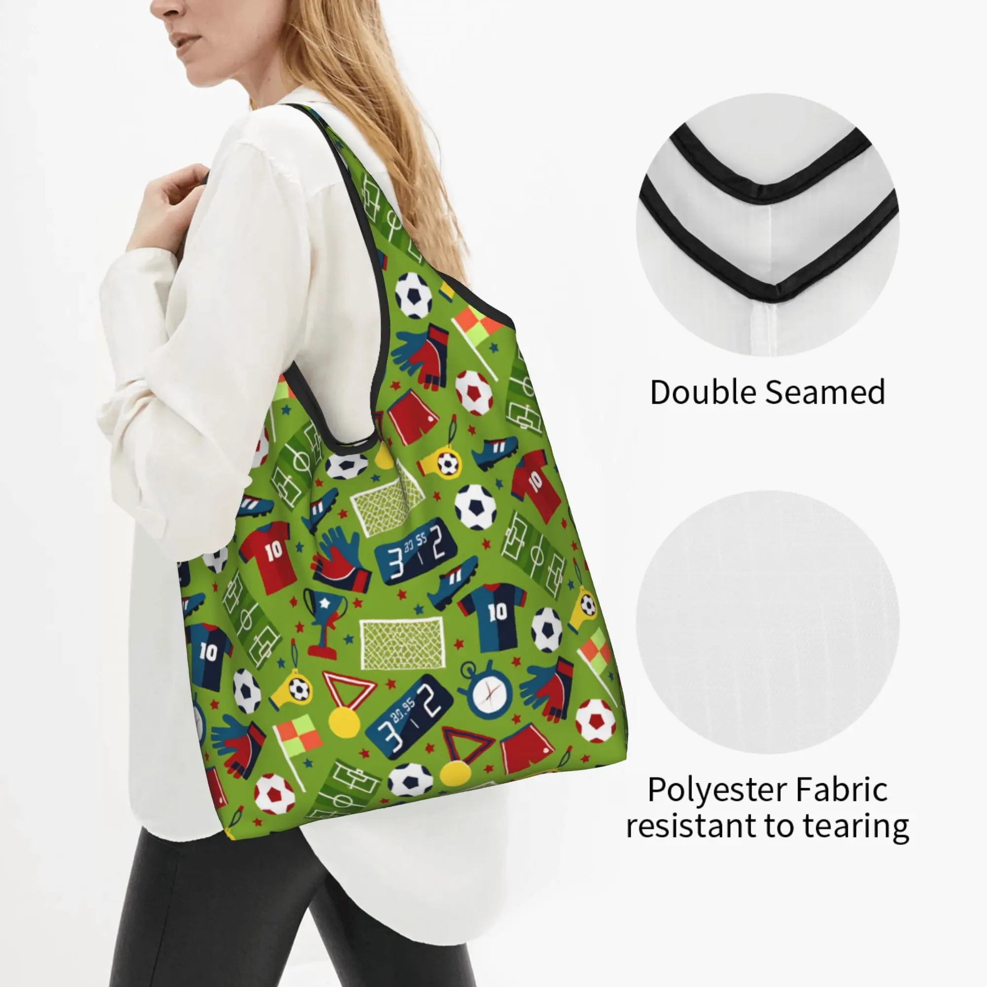 Recycling Sports Soccerly Seamless Pattern Shopping Bag Women Tote Bag Portable Footbally  Grocery Shopper Bags