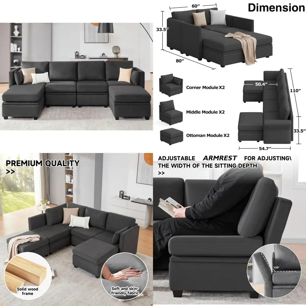 أريكة مقطعية قابلة للتحويل على شكل حرف U مع مساحة تخزين، أريكة معيارية لغرفة المعيشة، تتضمن العثمانيين، مساحة معيشة عالية الجودة