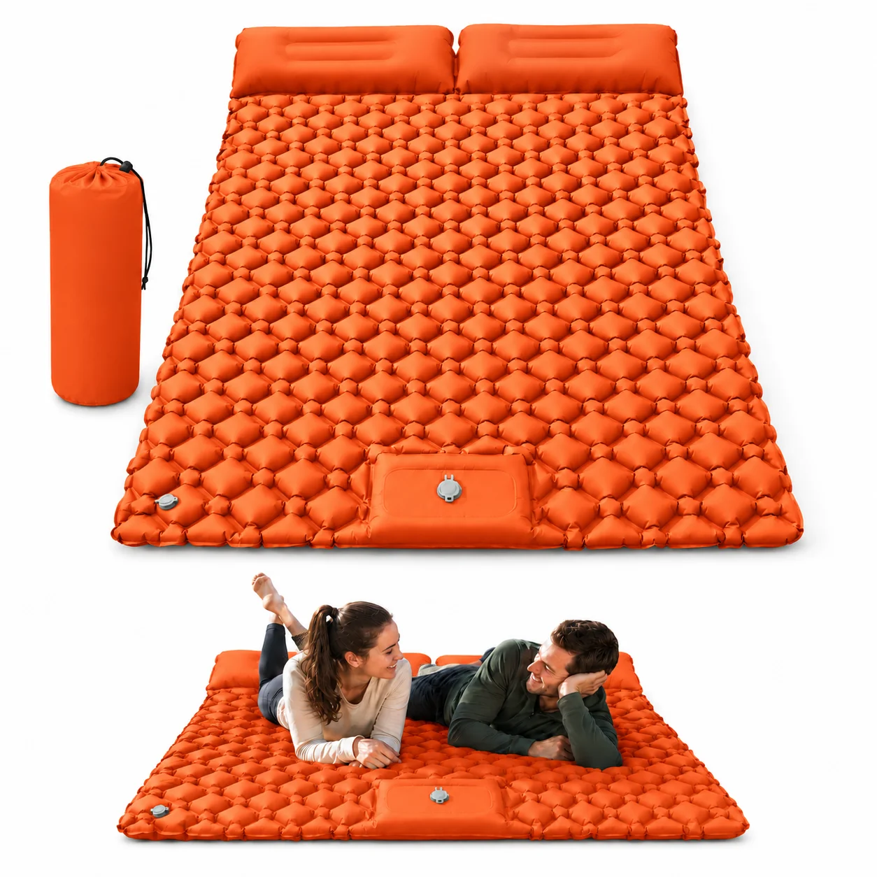 Double Person TPU Inflatable Sleeping Pad Integrated Dual Pillows Honeycomb Air Cell Design Ultralight Portable Camping Air