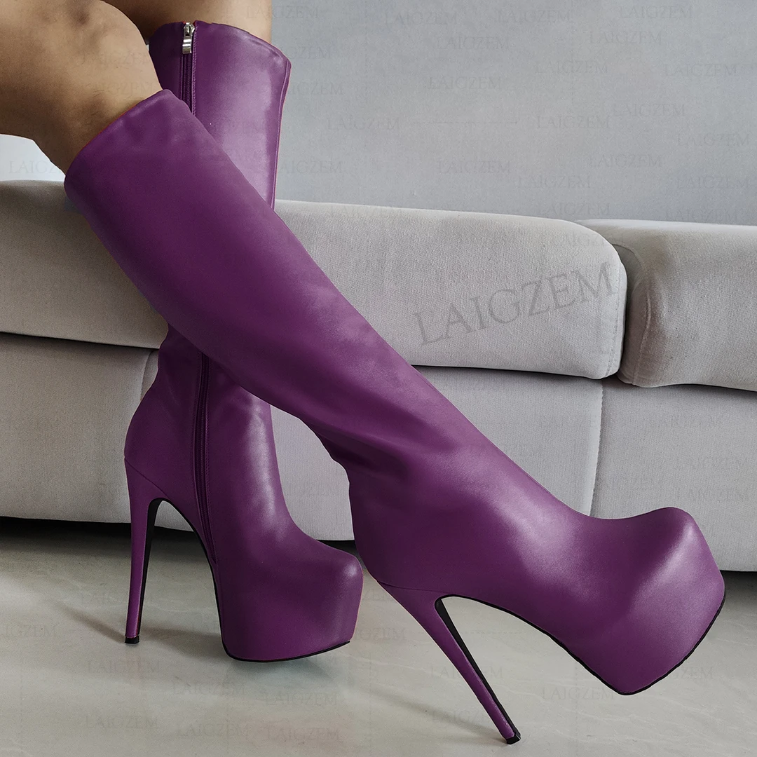 LAIGZEM Women Knee High Boots Platform Faux Leather Full Zipper Thin High Heels Boots Cosplay Shoes Woman Big Size 41 44 46 52