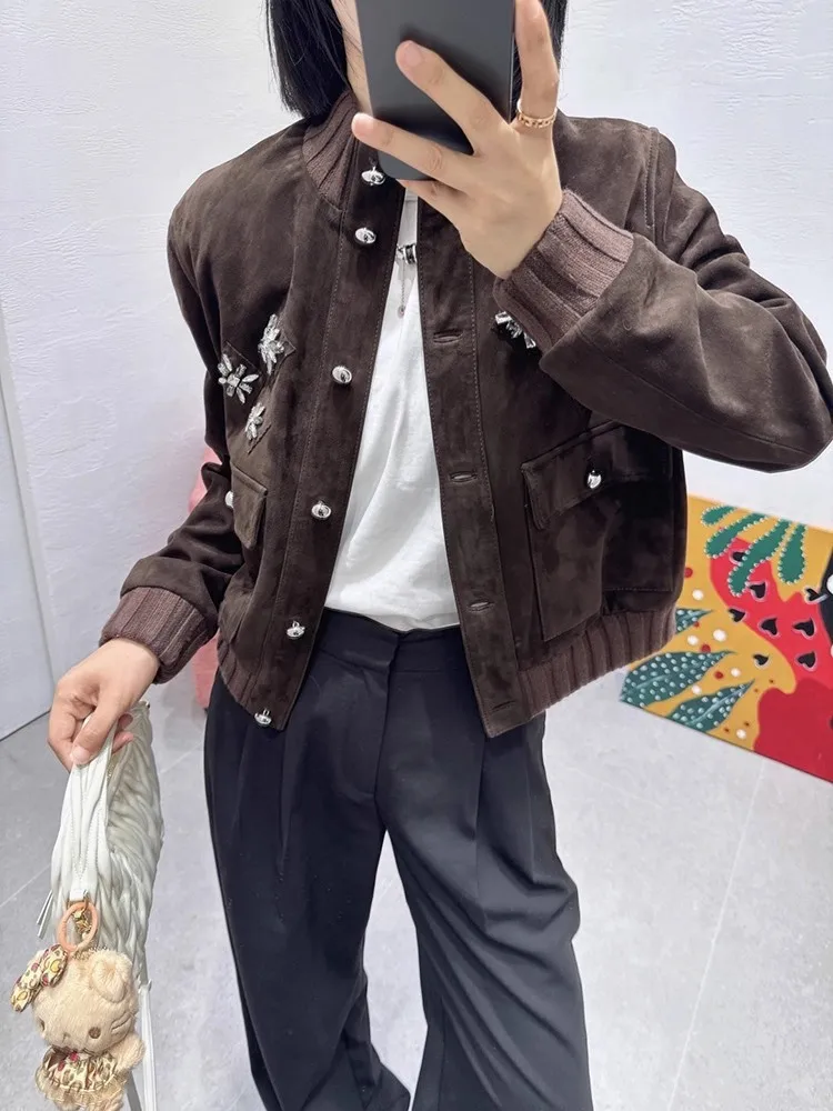 Giacca corta da donna in vera pelle di pecora di lusso autunnale, girocollo, capispalla da baseball, cappotto, design lucido con diamanti, giacche in vera pelle