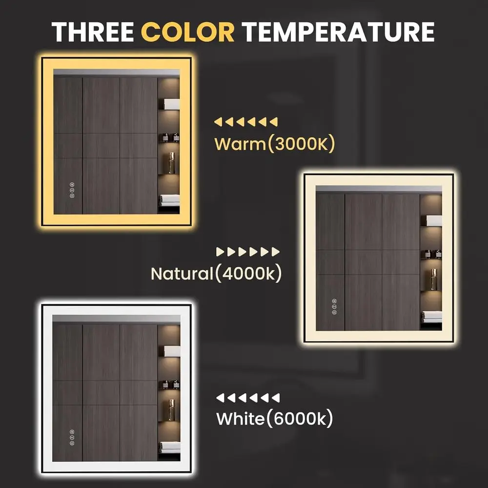 مرآة حمام LED مضادة للضباب مع إطار أسود، وإضاءة عكس الضوء، وزجاج مقسى، ووظيفة الذاكرة #6