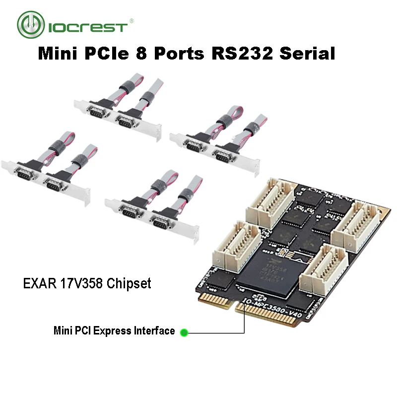 

IOCREST Mini PCI Express 8 Serial Ports Controller Card Mini PCIe DB9 RS232 Adapter Mini PCI-E COM Card 15 KV ESD Protection