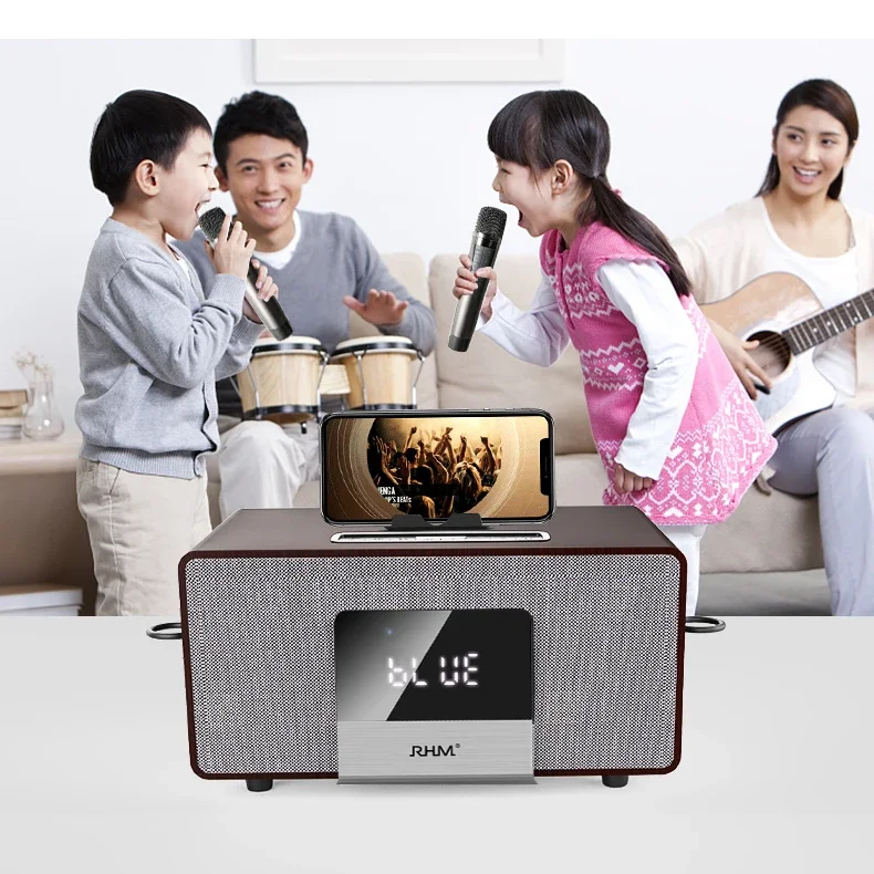 RHM Home Karaoke System with 2 PCS Wireless Microphones All in One Wireless Power Amplifiers Speaker System with BT/AUX/USB/COA