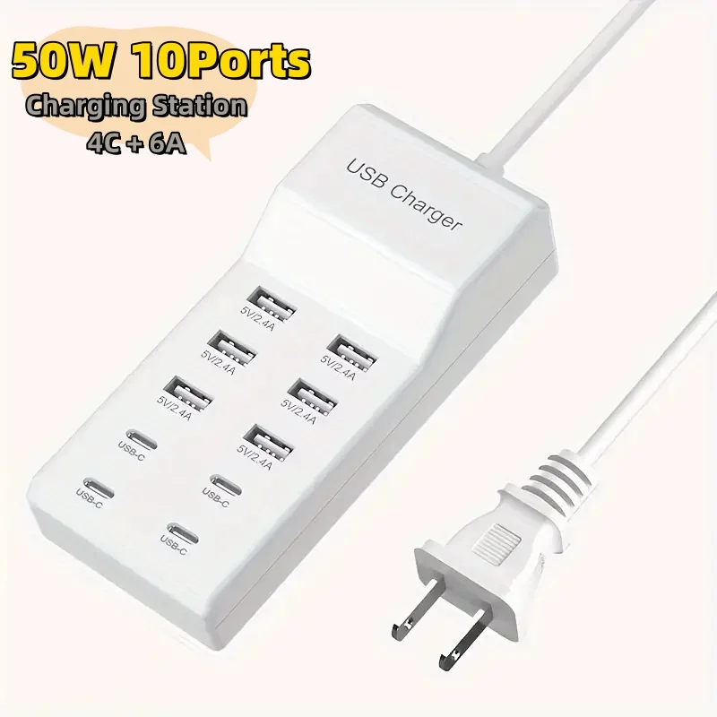 50W 10-Port(6 USB+4 Type-c)Charger 5V2.4A Smart Device Desktop Multi-port Charging Station For Apple Android System Mobile phone