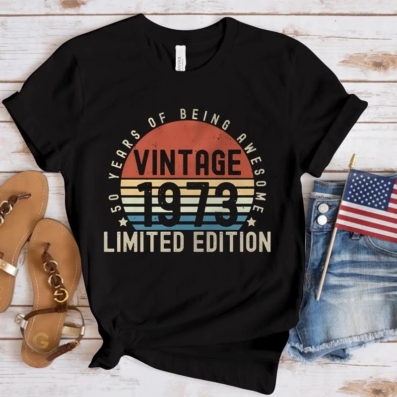 New Vintage 1973 Print Short Sleeves Round Neck Men Woman T-Shirt Summer Casual Tees Birthday Party Gifts