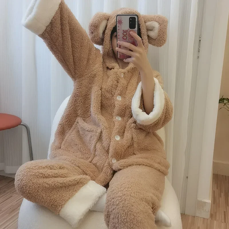 Women's Winter New Coral Fleece Thickened Bear Pajamas Women's Winter Cute Cartoon Student Hooded Loungewear Set