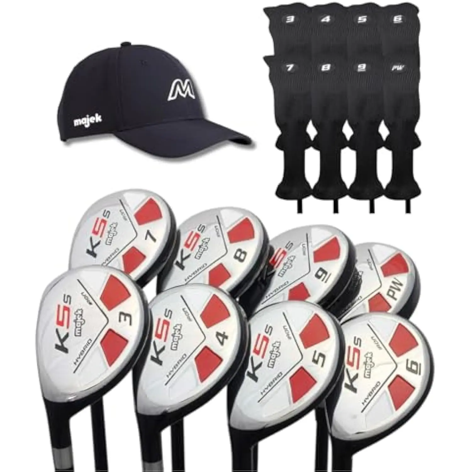 

Left Handed K5s Hybrid Set Senior Men's Standard Includes 3-PW Clubs with Black Hybrid Headcovers and Black Golf Hat