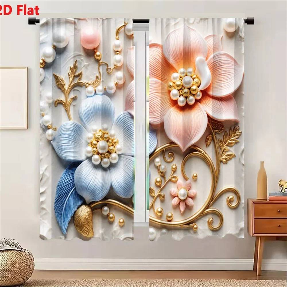 2Pcs Curtains 2D Flat Pearl And Gold Themed Floral Decorative Arrangement With Pastel Pink Light Blue Flowers And Intricate Vine