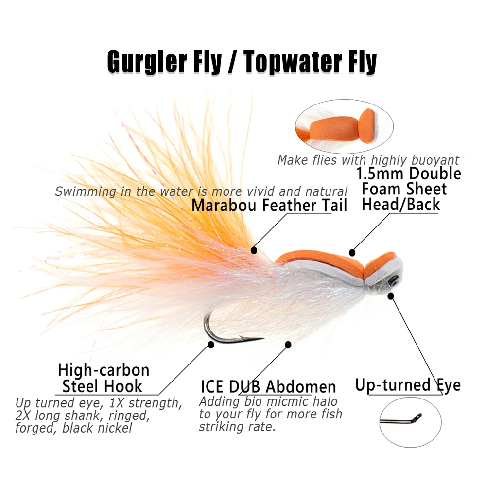 Bimoo 3PCS #2 Floating Gurgler Topwater Fly for Stripers Bass Bluegill Tarpon Snook Freshwater Saltwater Fishing Flies LuresBait